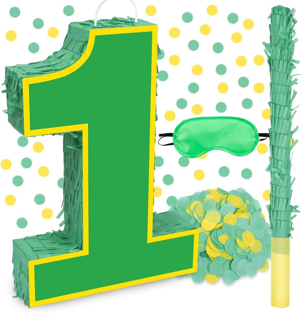 15.7" Yellow Green Number 1 Pinata, 1st Birthday Party Decorations with Stick Blindfold Confetti for Boys Girls Yellow Green Theme Birthday Baby Shower