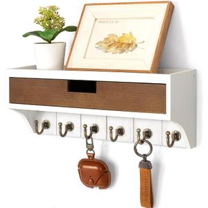 Rebee Vision Key Holder Wall Mount Room Decor, White & Retro Brown | Key Holder for Wall, Mail Organizer, 6 Key Hooks, Drawer Organizer, Wall Shelf, Home Organization, Apartment Essentials