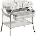 PandaEar 2-in-1 Baby Bathtub & Changing Table, Adjustable Height Folding Diaper Station Waterproof Pad with Storage Rack & Wheels, Baby Bath Tub with Thermometer