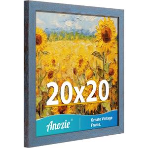 20x20 Frame, Vintage 20 x 20 Poster Frame Plexiglass Glass for Wall Display, Square Rustic 20x20 Photo Picture Frame, Antique Blue Collage Gallery Wall Picture Frames, Widen Border