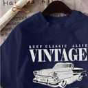 Women's Graphic Letter Tee Crew Neck Drop Shoulder Trendy Summer T Shirt Short Sleeve Vintage Car Print Top (Blue, XXL)