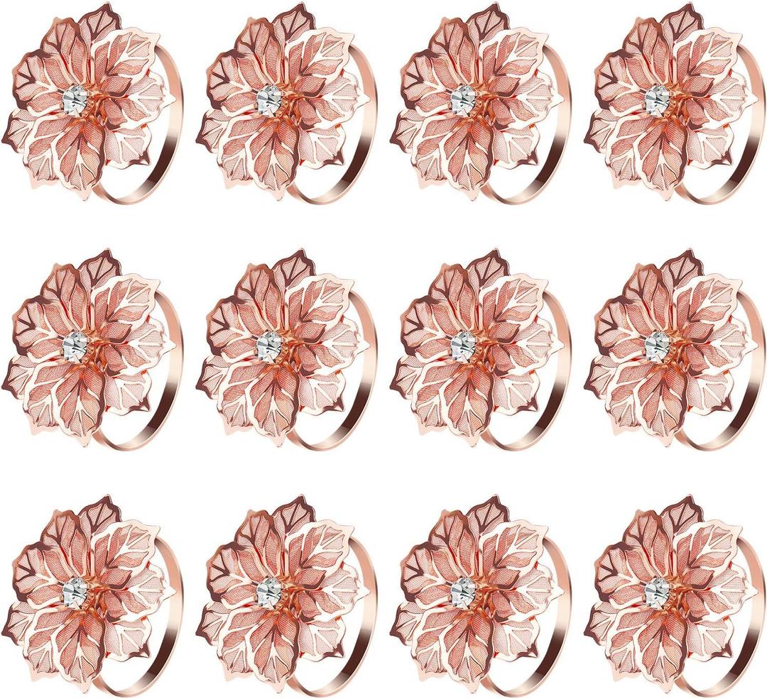 KPOSIYA Flower Napkin Rings Holder Metal Rose Gold Napkin Rings Set of 12 for Wedding Party Holiday Banquet Christmas Dinner Delicate Serviette Buckles Decor Favor (12, Rose Gold)