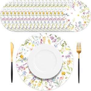 50PCS Floral Disposable Paper Placemats 13.5 Inch Flowers Placemats Pastel Watercolor Round Table Mats for Spring Weddings, Brunch & Garden Parties