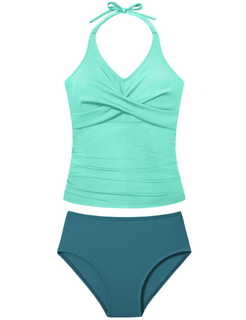 Girls Swimsuit Size 8-10 Two Piece Girl Bathing Suit Halterneck Lace-up Front Cross Tummy Control Slimming Tankini Girl's Swimwear Set Lake Blue (Green)