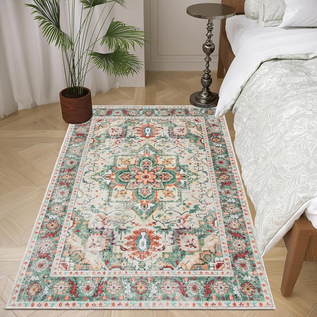 Area Rug 3x5 Machine Washable Area Rugs Non Slip Low Pile Boho Throw Carpet Soft Living Room Rugs Small Vintage Thin Area Rug for Bedroom, Kitchen, Entryway, Office (Cream/ Green)