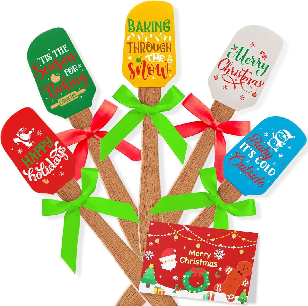 Newtay 20 Sets Christmas Silicone Spatula Cake Spatula Bulk Cooking Scraper with Wooden Handle Xmas Greeting Card Ribbon for Christmas Decoration Holiday Gifts Kitchen Party Favors (Classic Style)
