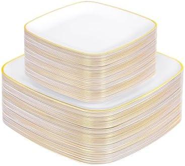 bUCLA 100PCS White Plates with Gold Trim - Heavy Duty White Gold Square Disposable - Include 50 Each (10 inch Dinner & 7.25 inch Dessert) Plates for Party & Wedding