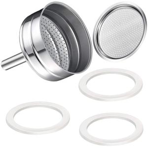 Moka Express Replacement Funnel Kit, 3 Packs Gasket Seals, 1 Stainless Steel Funnel with 1 Pack Stainless Filter (3-Cup)