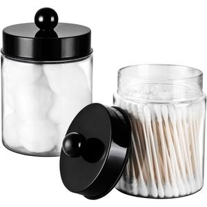 Amolliar Apothecary Jars Bathroom Vanity Storage Organizer Set -Countertop Canister Plastic Acrylic Jar - Farmhouse Decor Qtip Holder for Cotton Swabs,Makeup Sponges,Flossers,Paper Clips -Black(2)