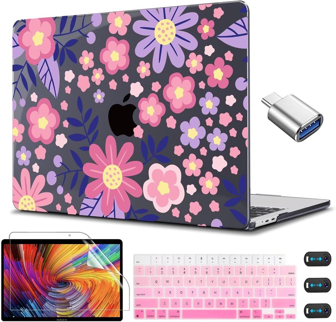 CISSOOK for MacBook Air 13 inch M4 M3 M2 Case 2025 2024 2023 2022, Hard Shell Case Keyboard Skin Screen Protector for MacBook Air 13.6 A3240 A3113 A2681, Stylized Flowers