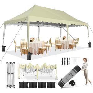 HOTEEL 10x20 Pop Up Canopy, Outdoor Easy Setup Party Tent, Waterproof Portable Enclosed Event Shelter with Wheeled Bag, Weight Bag for Backyard, Vendor, Khaki