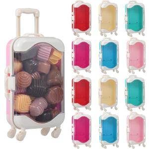 12 PCS Mini Suitcase Party Favor Boxes, Assorted Color Luggage Trolley Candy Box, Clear Small Suitcase Present Package Case, Rolling Empty Storage Box for Jewelry False Eyelash