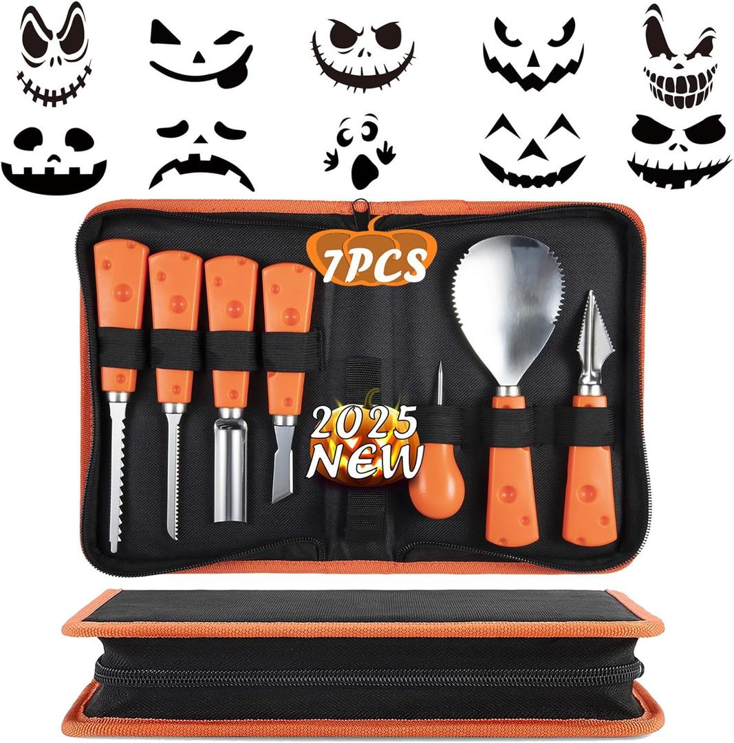 ENVEL Halloween Pumpkin Carving Kit, 7 Pcs Professional Stainless-Steel Pumpkin Tools Set Heavy-Duty Steel Cutting Easily for Art Crafts,Adults Kids