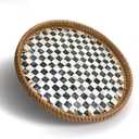 Round Rattan Tray with Mother of Pearl Inlay, Decorative Basket with Wooden Base, Woven Tray for Kitchen Island Decor, Table Decor, Storage and Display of Food (Checkerboard, 11.8")