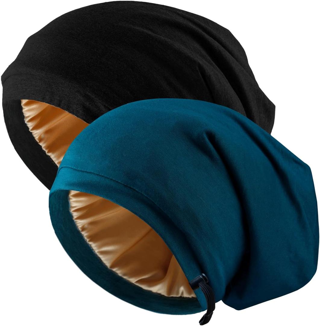 2 Pcs Adjustable Silk Hair Bonnet for Sleeping, Satin Lined Sleep Cap for Women and Men, Silk Hair Wrap Slouch Beanie. (Medium-Large, Black & Green)