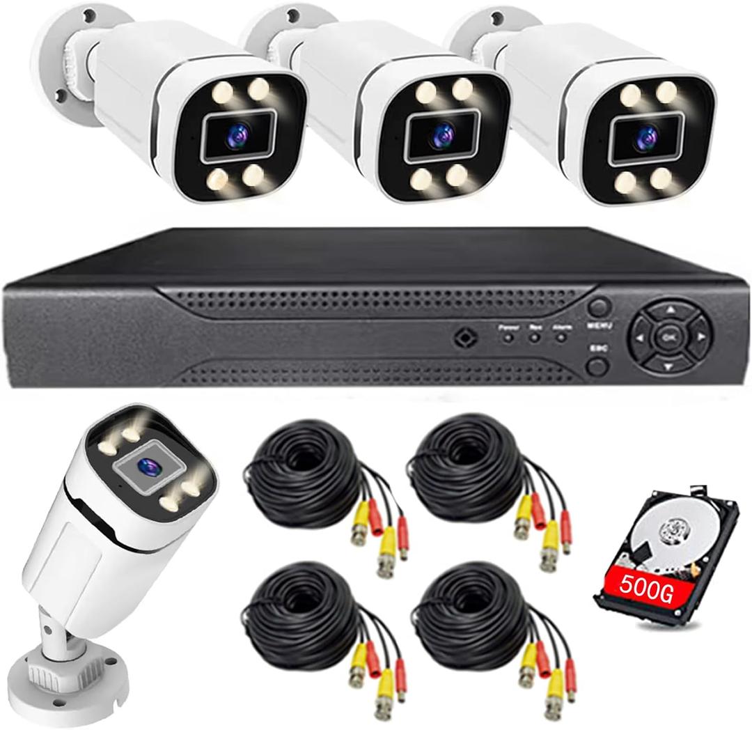Home Security System 4Ch DVR Kits with 4pcs 1080P Waterproof Bullet Analog AHD TVI CVI Camera 3MP Lens Color Night Vision Outdoor Surveillance Wired CCTV Set (Include 500GB HDD) 24/7 Recording (White)