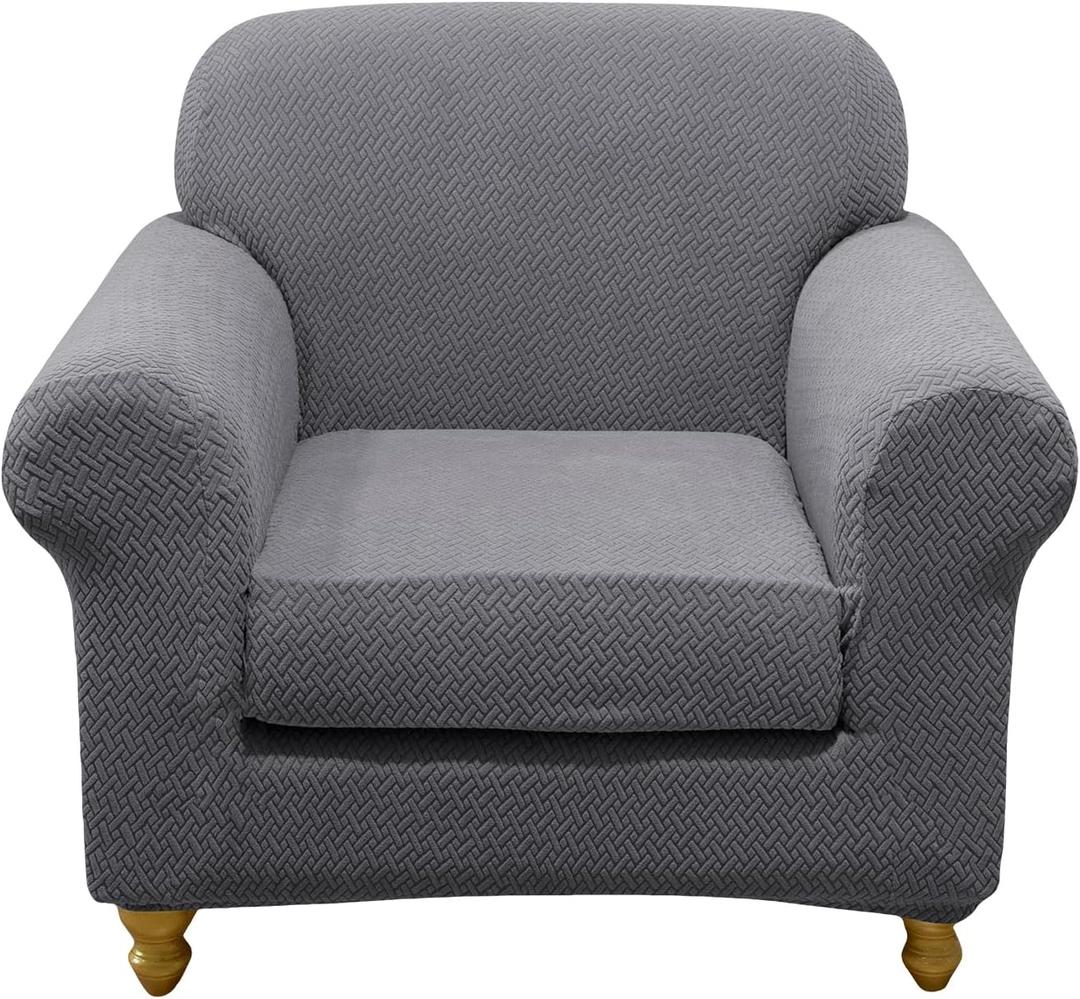 FUANGUI 2 Piece Chair Covers Stretch Arm Covers Chair Couch Covers, Armchair Slipcover with Separate Chair Cushion Cover, Floral Washable Chair Protector for Living Room (Armchair, Grey) (Small)