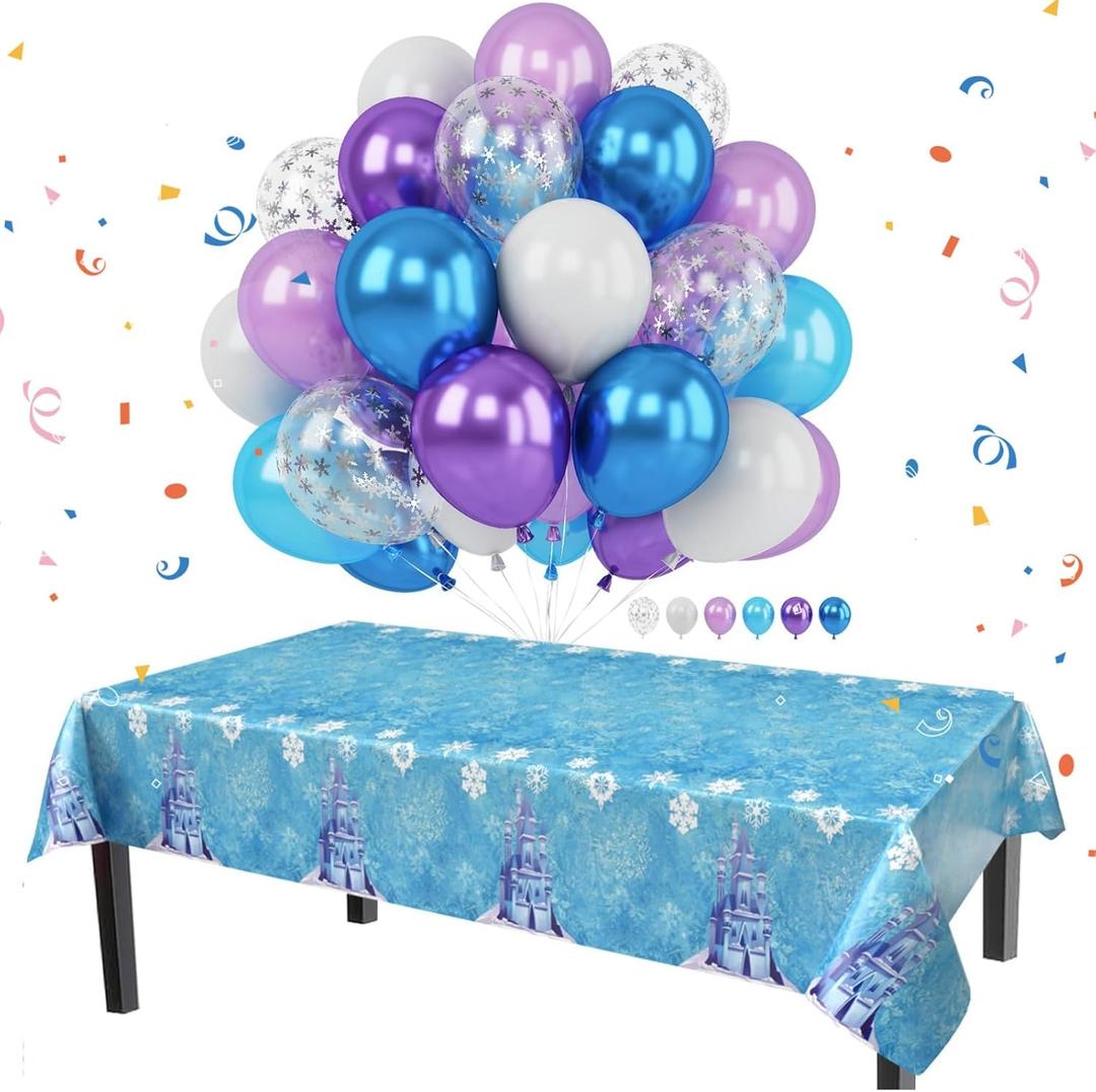 Frozen Snowflake Party Decoration Set, Frozen Snowflake Balloons, Snowflake Balloons Tablecloth Set, Winter Birthday Party Kit, Snowflake Rectangle Disposable Table Cover for Christmas Winter Party