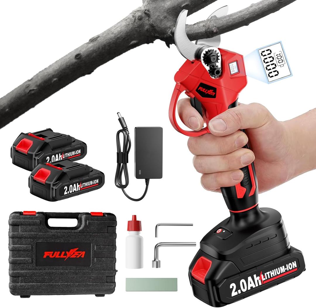 FULLYEA Electric Pruning Shears, 1.4" Cutting Diameter Electric Pruner with LCD Display2Pcs 2.0Ah Rechargeable Battery, Brushless Motor Cordless Pruning Shears for Tree Trimming Branch Cutter