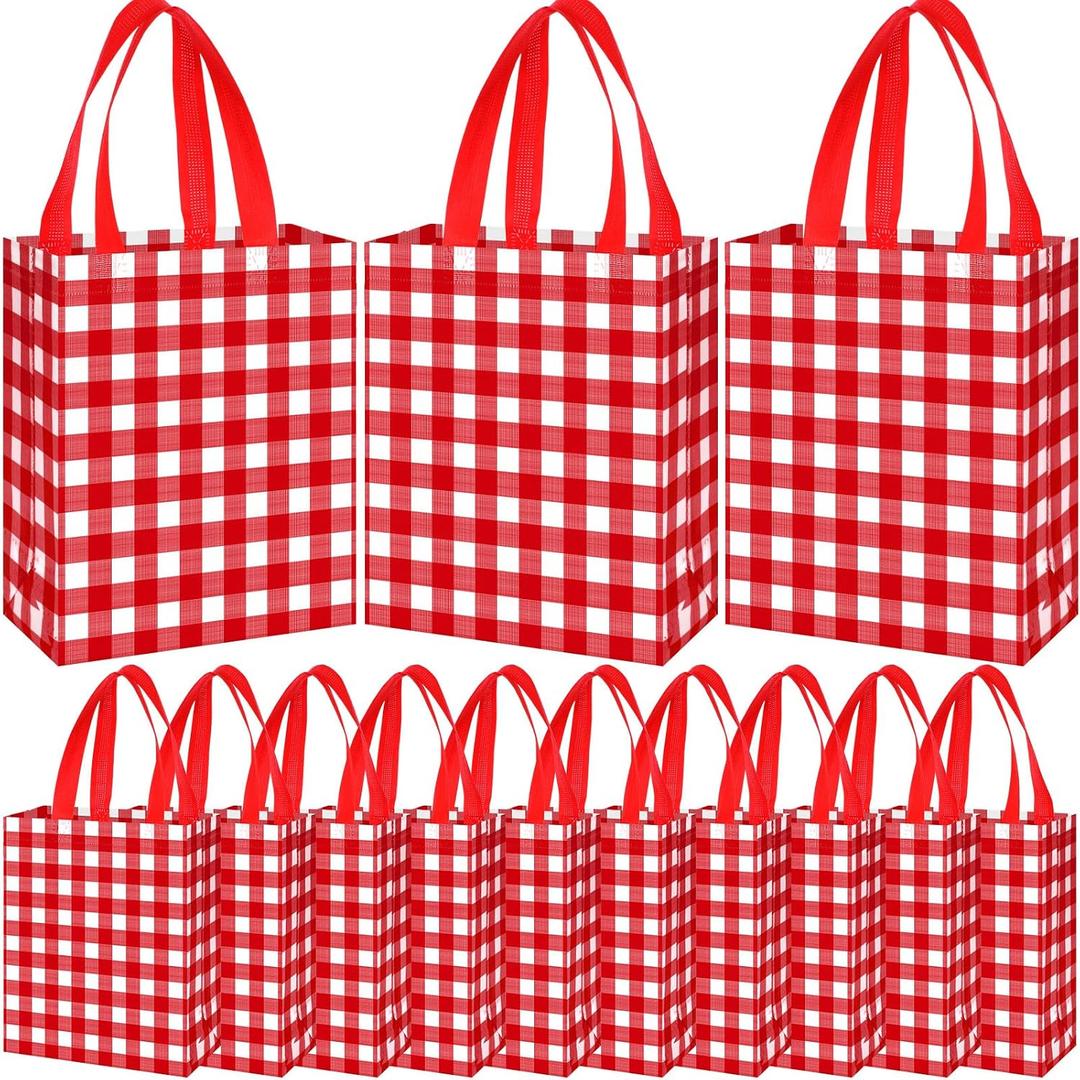 Supervitae 24 Pack Gingham Gift Bags Medium Red and White Theme Party Decoration Supplies Reusable Non Woven Totes for Checkered Dinner Baby Shower Wedding Party Favor(9.8" x 7.9" x 3.9")