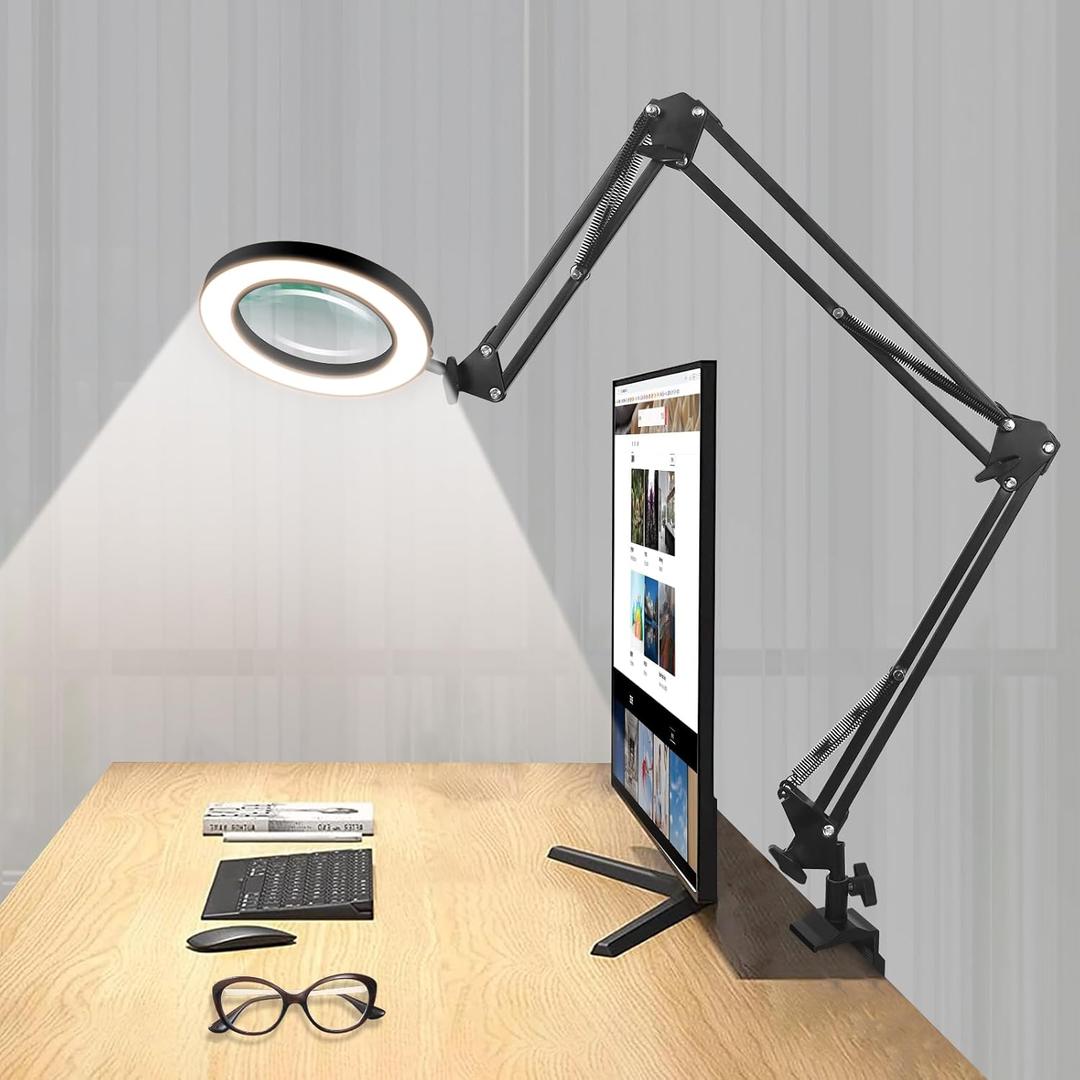 NOEVSBIG Magnifying Glass Desk Lamp with 3-Section Swing Arm and Big Clamp, Magnifying Glass with Light and Stand, 10X Wide Desk Magnifier Light for Reading/Office/Crafting/Close Work