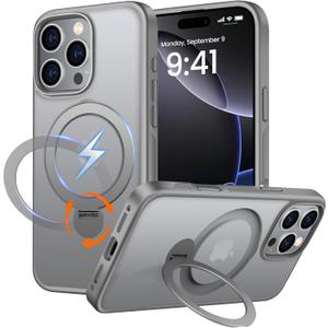 360 Rotatable Magnetic Stand for iPhone 16 pro Case Compatible with Magnetic 16FT Military Drop Protection, Anti-Scratch/Fingerprint Shockproof iPhone 16 pro Phone Case(Matte-Grey)