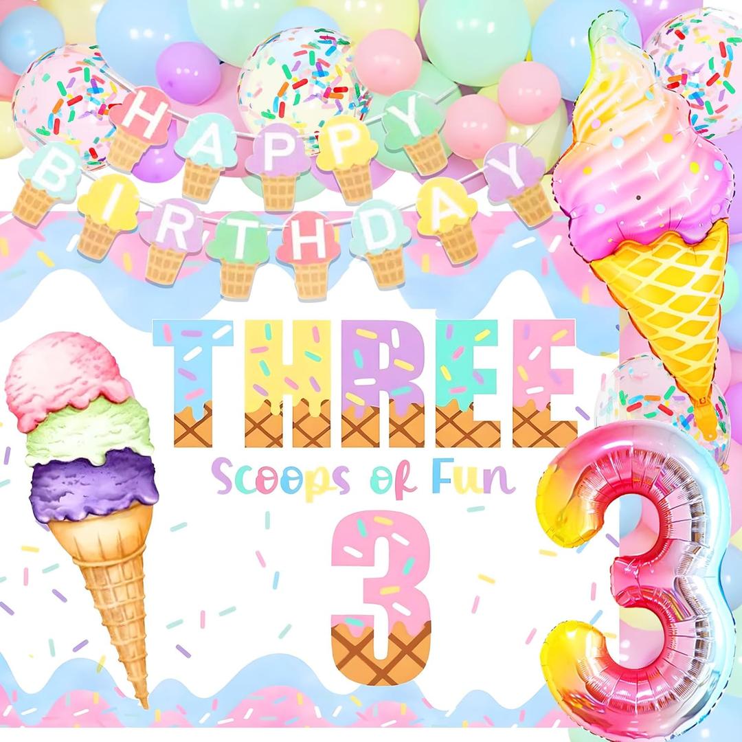 Three Scoops of Fun Birthday Decorations for Girls Three is So Sweet Balloons 3rd Birthday Decoration Backdrop for Girl Summer Ice Cream Theme