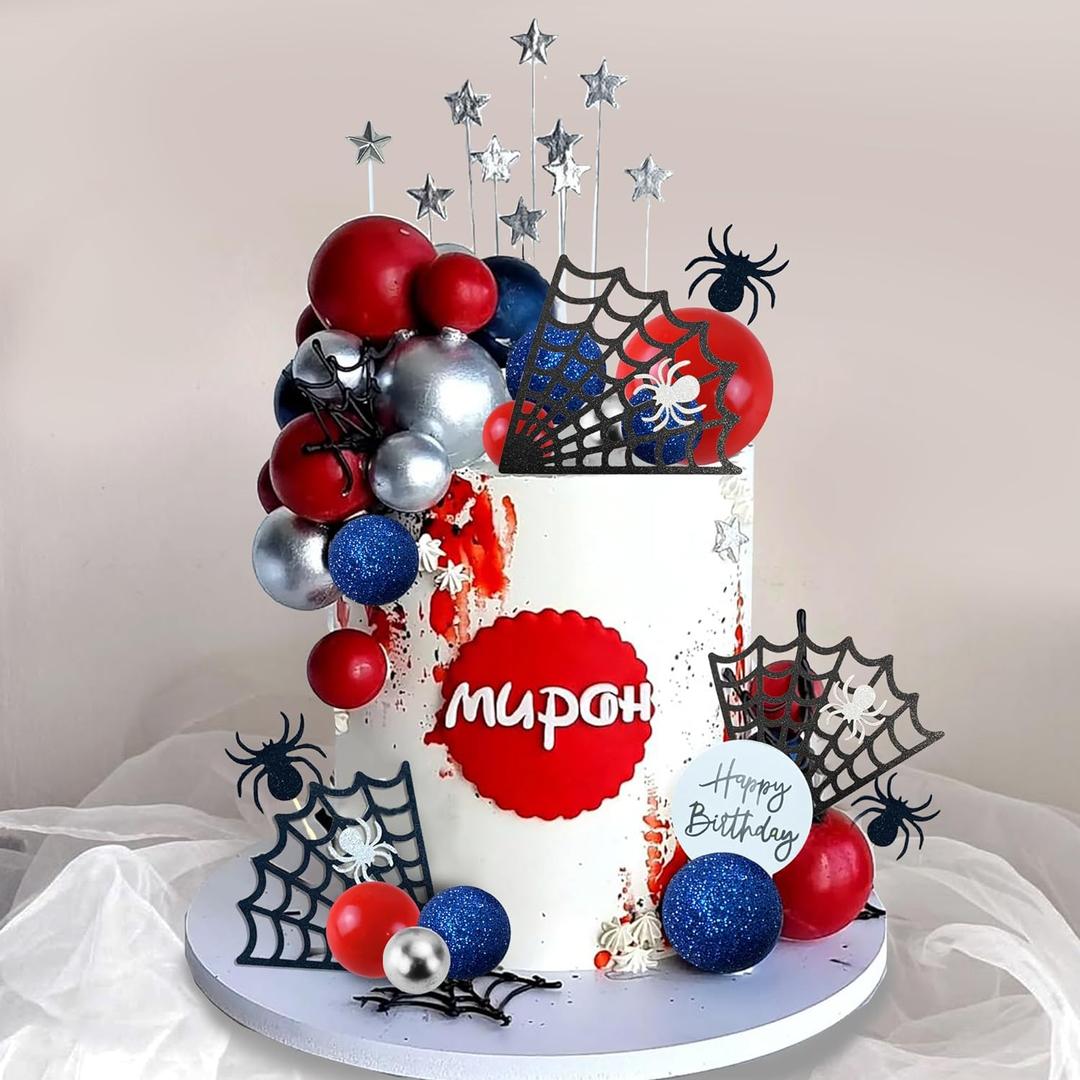 DRWATE Spider Cake Topper with Spider Web Balls Stars for Boys Men Birthday Party Baby Shower Supplies (Spider)