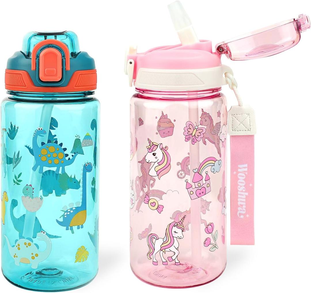 Kids Water Bottle for School or Travel, 20 Oz 2 Pack Durable Plastic Water Bottle with Silicone Straw and Pop-Up Spout Cover, BPA Free & Dishwasher Safe(Unicorn & Dinosaur)