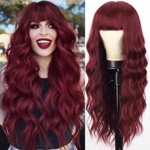 AISI QUEENS Long Wig with Bangs Wine Red Wavy Wigs for Women Synthetic Heat Resistant Fibre Burgundy Wigs for Girls Daily Party Use