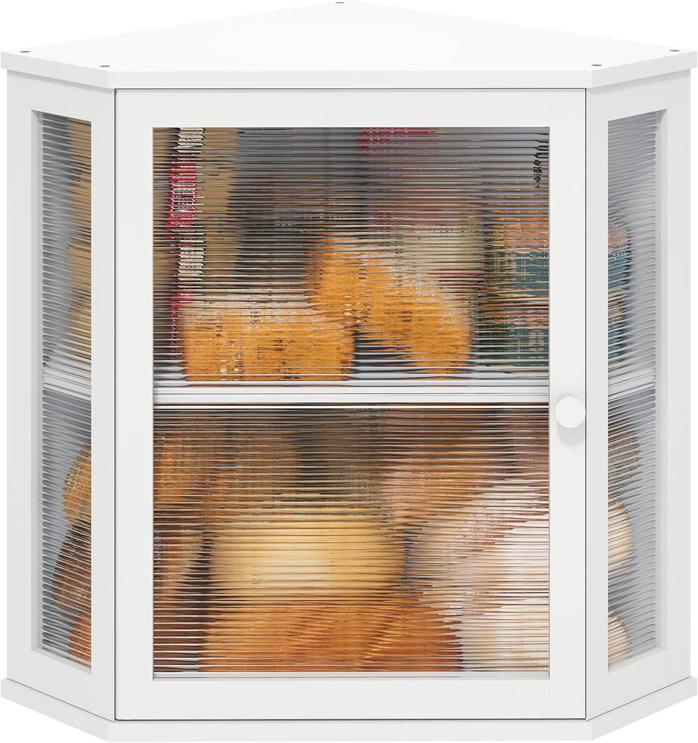 Corner Bread Box for Kitchen Counter, Bamboo Wood Large Capacity Bread Storage Bin with Acrylic Wavy Door Panel (White, Extra Large)