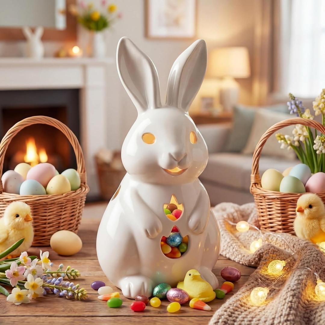 Easter Bunny Figurines 11 Inch Light up Easter Bunny Decorations White Resin Rabbit Figurines for Spring Indoor Rustic Decor Home Table Room Kitchen(Flame Style)
