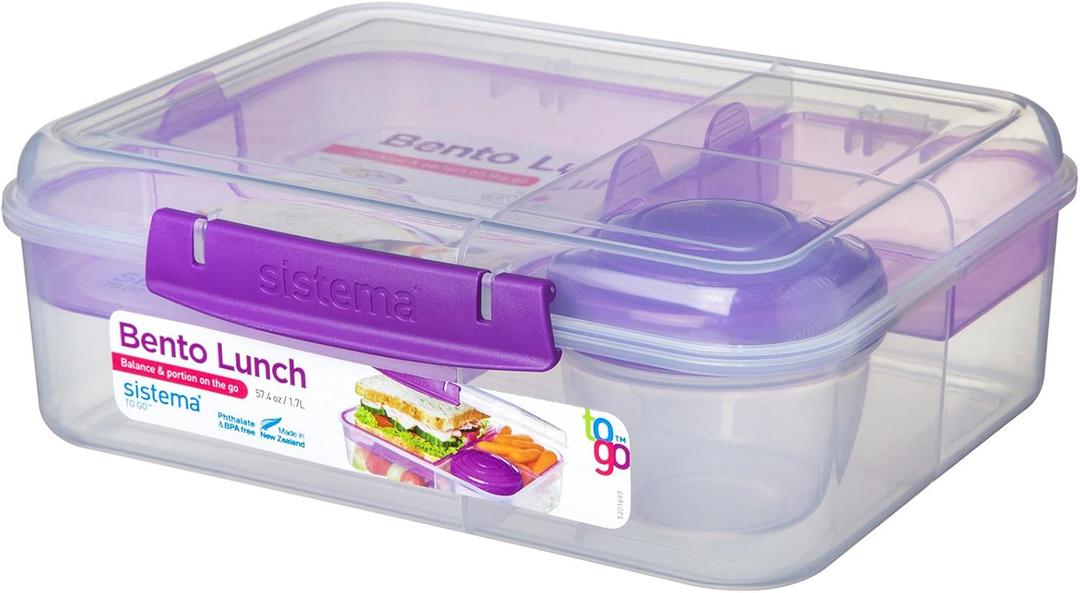 Sistema Bento Box Adult Lunch Box with 2 Compartments, Sandwhich Container, and Salad Dressing Container, Dishwasher Safe, Color May Vary (55.7 Ounce)