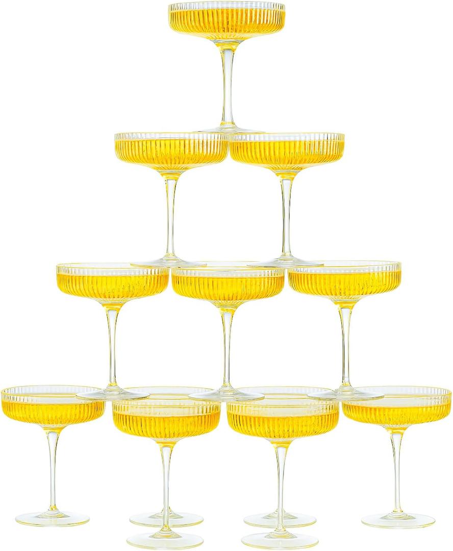 Khen Crystal Glass Ribbed Vintage Art Deco Coupe - 8oz. Set of 12 Crystal Glasses - Weddings & Parties, Champagne Tower, Hosting Essentials, Champagne & Cocktail Goblet Stemmed Ripple Coupes Glassware