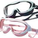 2 Packs Swim Goggles Attached Earplugs Anti-Fog UV Protection Swimming Goggles for Teens and Youths Aged 10-18 (Pink With Silver Blue)