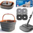 Collapsible Mop and Bucket Set, Spin Mop with Separate Dirty and Clean Water, 6 Replaceable Mopping Pads with Foldable Handle, Deep Cleaning Mops and Buckets for Household Use Floor Cleaning (Gray,Orange)