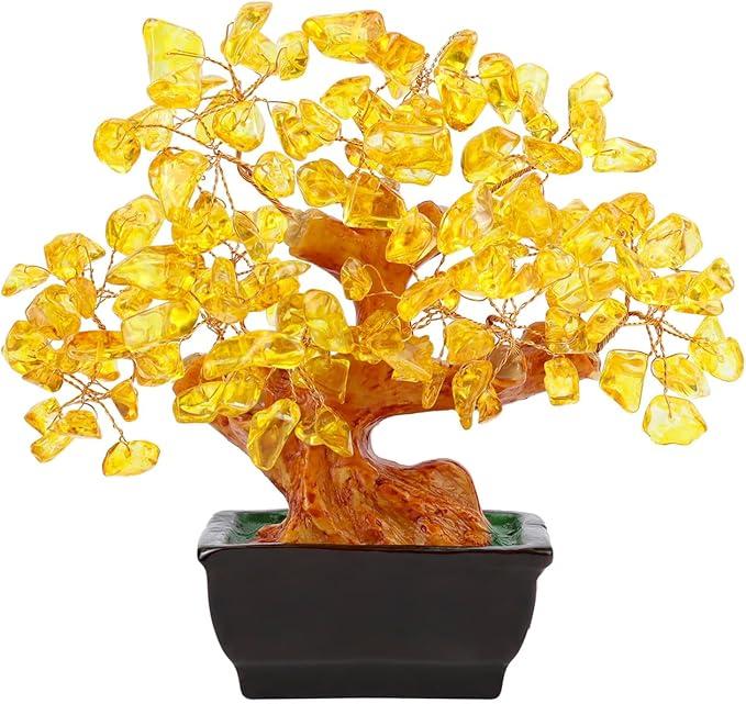 NUKAYAI Citrine Crystal Yellow Money Tree for Office Home Room Desk Decor Positive Energy Meditation Feng Shui Crystals Healing Stones Bonsai Trees Luck and Wealth Birthday Gifts for Women