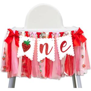 Strawberry One High Chair Banner - Strawberry 1st Birthday Party Decoration Banner, Sweet Berry First Birthday Party Supplies Highchair Banner, Berry Sign Anniversary Milestone Cake Smash Photo Props Banner
