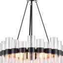 Dia 24 Inch Black Modern Chandelier for Dining Room, Glass Chandeliers for Bedroom, 4-Light Rustic Chandeliers, Large Pendant Light Fixture for Living Room Hallway Foyer Entryway