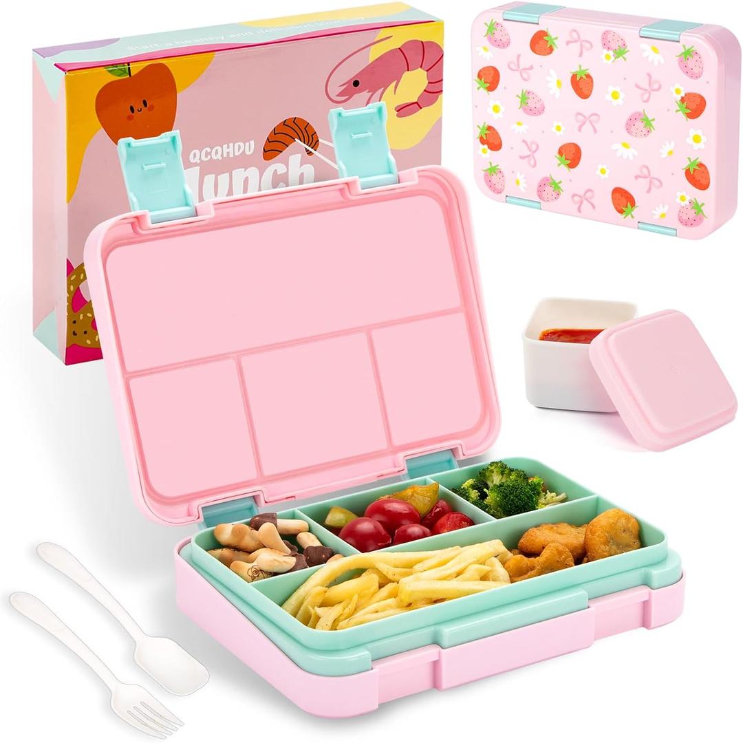 2 x QCQHDU Bento lunch Box for Kids-4 Compartment1300ml Heated Lunch Containers for AdultsSchool,Work,Picnics with Sauce Vontainers,Microwave & Dishwasher & Freezer Safe,BPA-Free(Castle) (Strawberry)