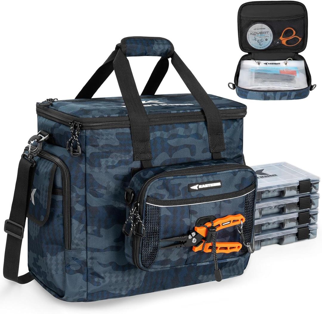 KastKing BaitSpace Fishing Tackle Bag With 4 Tackle Boxes & Removable Bait Binder, Water-Resistant Tackle Storage, Durable Fishing Gear, Adjustable Shoulder Strap (Large - 4*3600 Trays, F: Blue Camo)