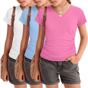 3 Pack Girls Short Sleeve Shirts Summer Slim Fit V Neck Tops Side Ruched Cute Tees Basic Clothes for Kids 5-14 Years