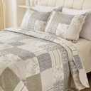 Cmfshape Summer Floral Queen Quilt Set,Grey Patchwork Quilts Queen,Reversible Quilted Bedspread with 2 Shams, Vintage Farmhouse Coverlet(Grey, Queen90 x90)