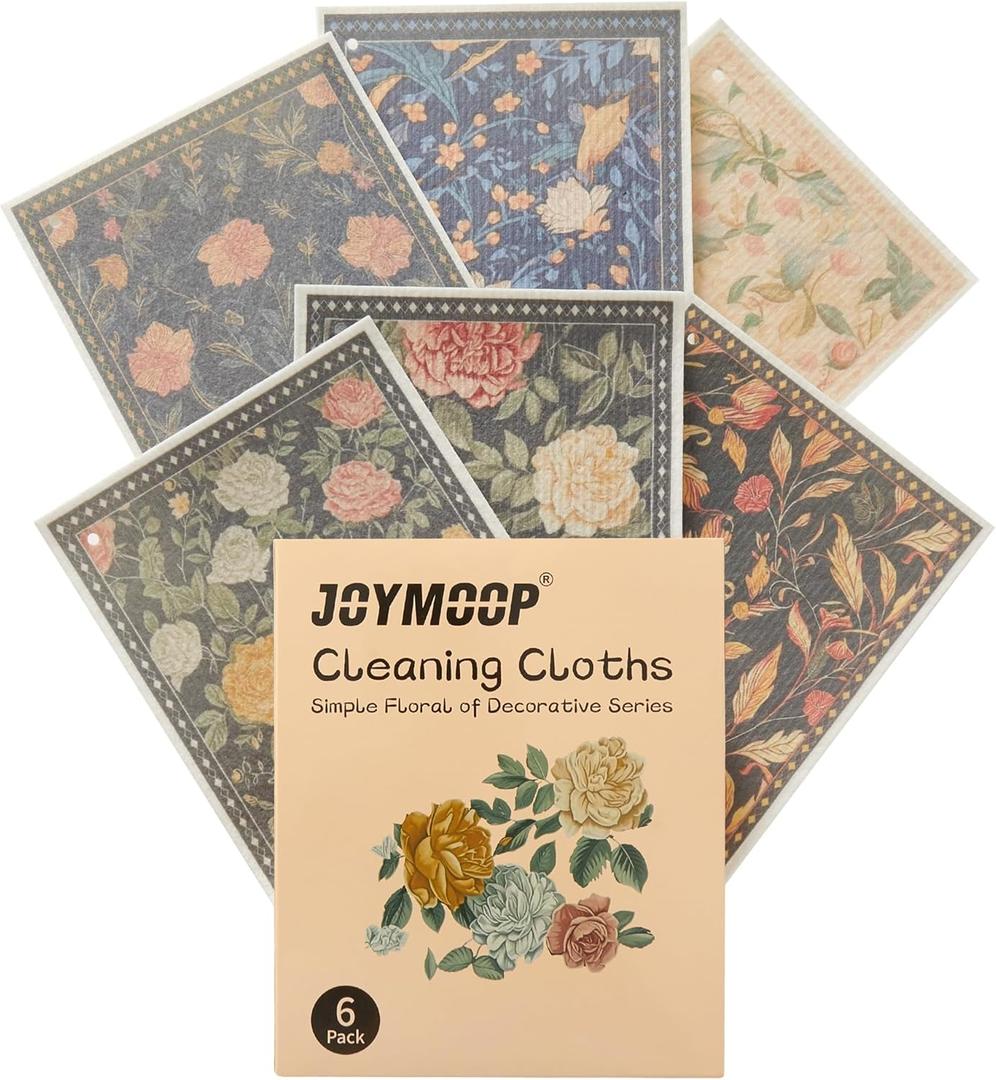 JOYMOOP 6 Pack Dishcloths for Kitchen, Reusable Paper Towels Washable, Absorbent Non-Scratch Dish Cloths for Washing Dishes, Quick-Drying Cleaning Rags for Cookware and Household, 6.77.9 Inch (Medium, Simple Floral)