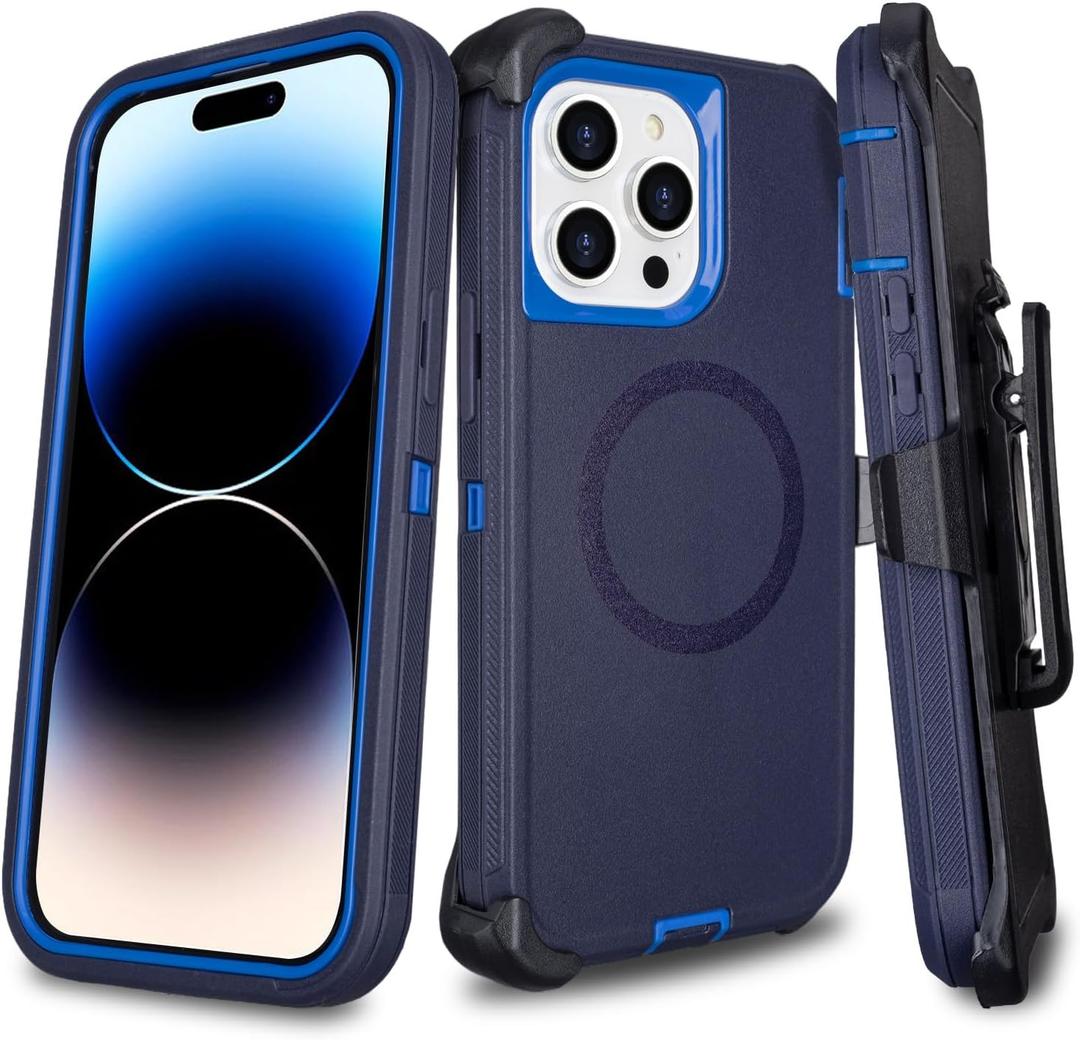 Defender for iPhone 14 Pro Max Case with Belt Clip Holster, [Compatible with MagSafe] Heavy Duty Rugged Shockproof Anti-Drop Full Body Protective Case for iPhone 14 Pro Max, 6.7 Inch (Navy+Blue)