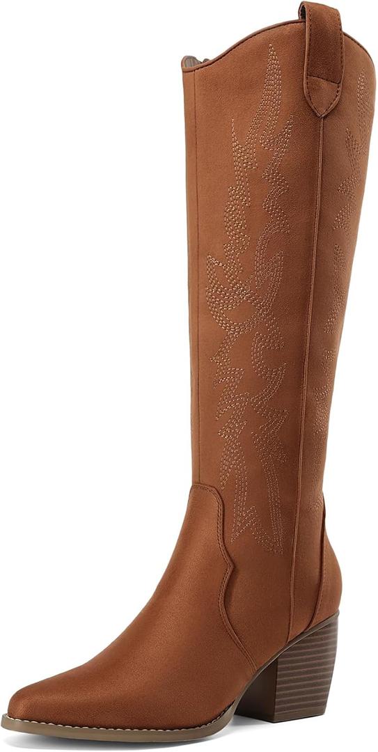 DREAM PAIRS Women's Cowboy Boots Wide Calf Comfortable Pull On Zipper Chunky Heel Pointed Toe Embroidered Western Cowgirl Knee High Boots Ladies Retro Tall Boot (8.5, Brown)