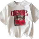 RoseSeek Girl's Cherry Leopard Shirt Short Sleeve Loose Cute Summer T Shirt Trendy Aesthetic Baggy Tops (White)