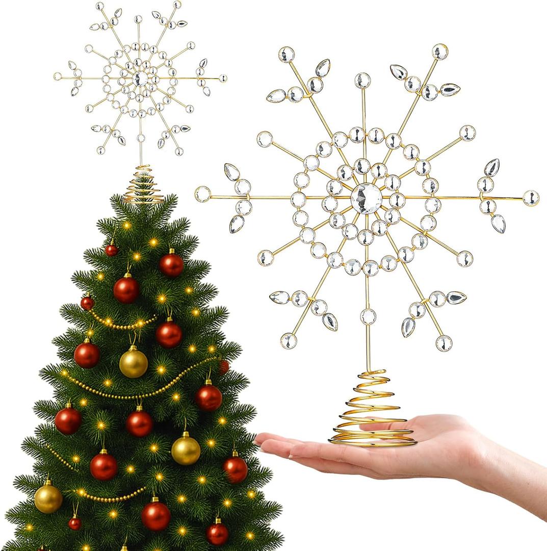 10 Inch Snowflake Christmas Tree Topper Vintage Gold Christmas Tree Topper with Crystal Metal Brass Xmas Decoration Antique Glitter Snow Floral Flake for Xmas Ornament Holiday Party Decor