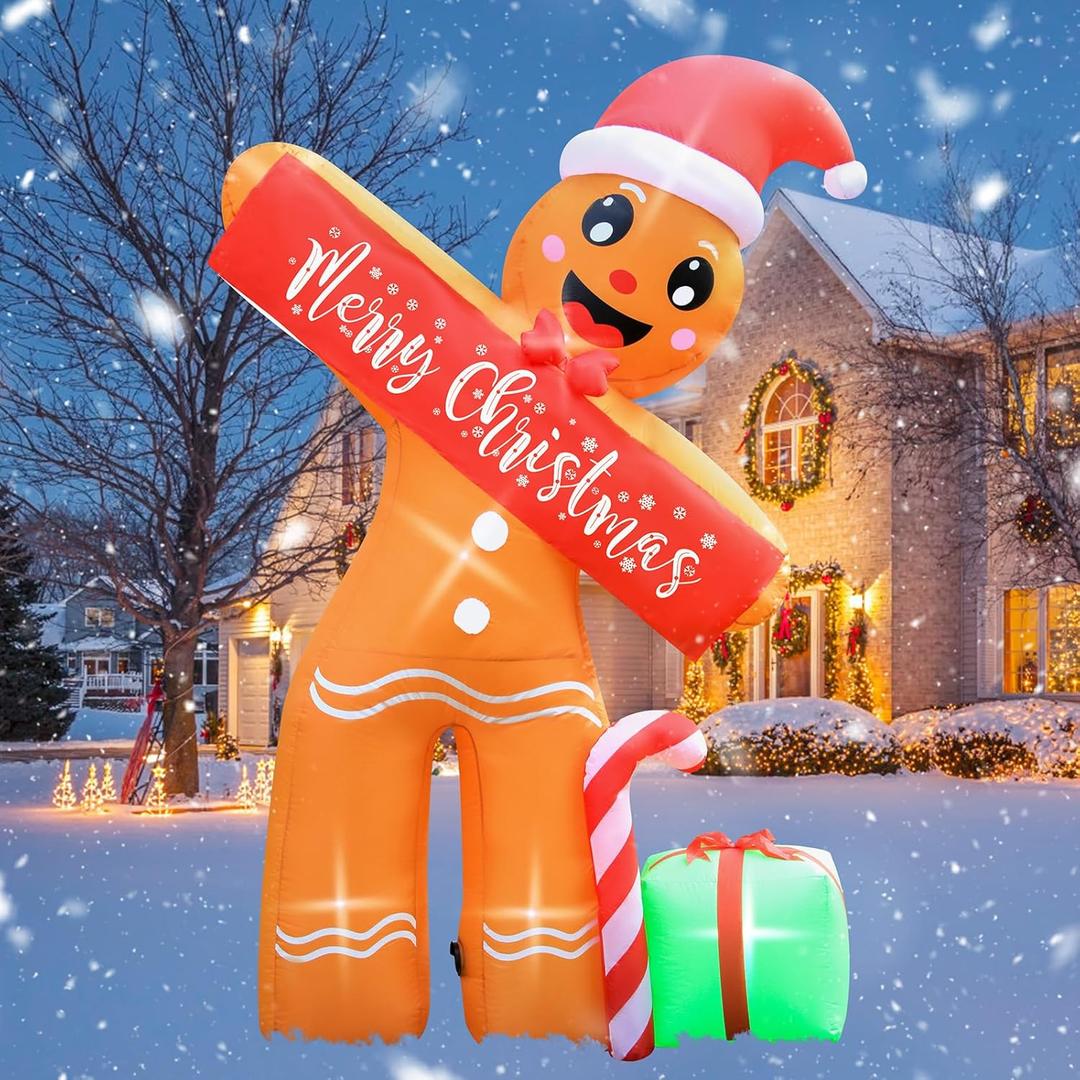 8FT Tall Christmas Inflatables Gingerbread Man Outdoor Decorations, Christmas Blow Up Yard Inflatable with Built-in LEDs for Xmas Indoor Holiday Party Home Garden Lawn Photo Prop Decor