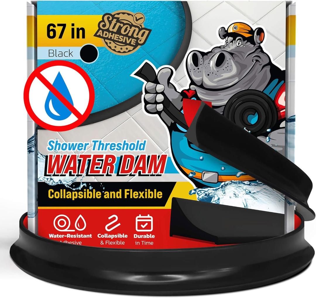 Shower Threshold Water Dam Barrier 67" - Black Collapsible Shower Water Blocker - Guard for Walk in Shower - Water Guard Stopper for Floor - Shower Door Water Blocker by Hippo Dam